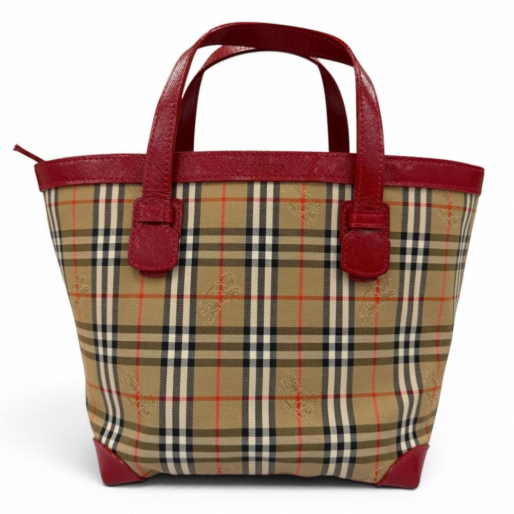 Burberrys Vintage Shadow Horse Nova Check Pattern Leather Trim Canvas Handbag...